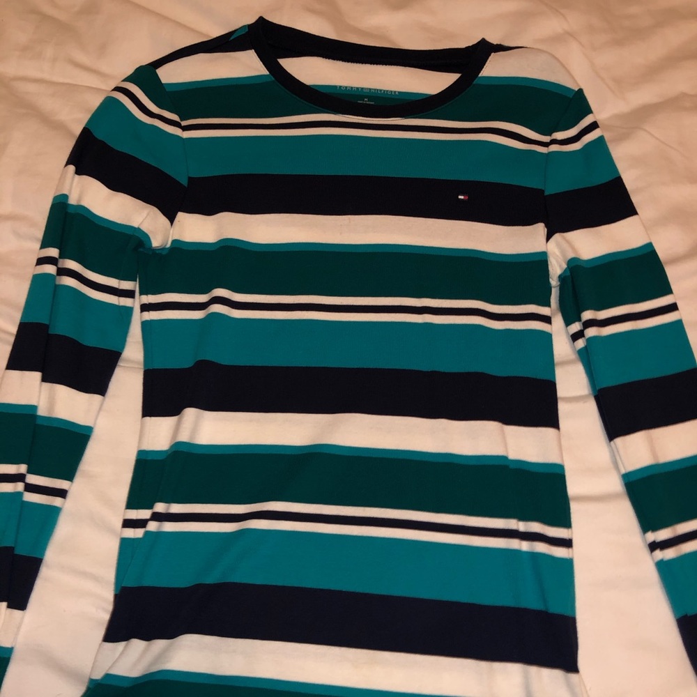 Blue and white striped long sleeve shirt